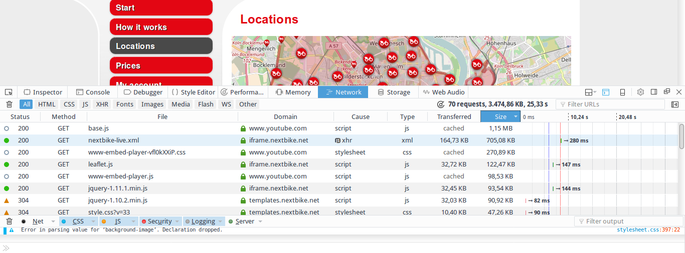 Network traffic on location page sorted by size